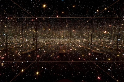 Yayoi Kusama, Fireflies on the Water, 2002. Mirror, plexiglass, 150 lights and water, 111 × 144 1/2 × 144 1/2 in. (281.9 × 367 × 367 cm) overall. Whitney Museum of American Art, New York; purchase, with funds from the Postwar Committee and the Contemporary Painting and Sculpture Committee and partial gift of Betsy Wittenborn Miller 2003.322a-tttttttt. © Yayoi Kusama. Photograph courtesy Robert Miller Gallery