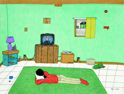 Annie Pootoogook, Dr. Phil, 2006. Ink and pencil crayon on paper, 20 x 26 in. Collection of Patricia Feheley.